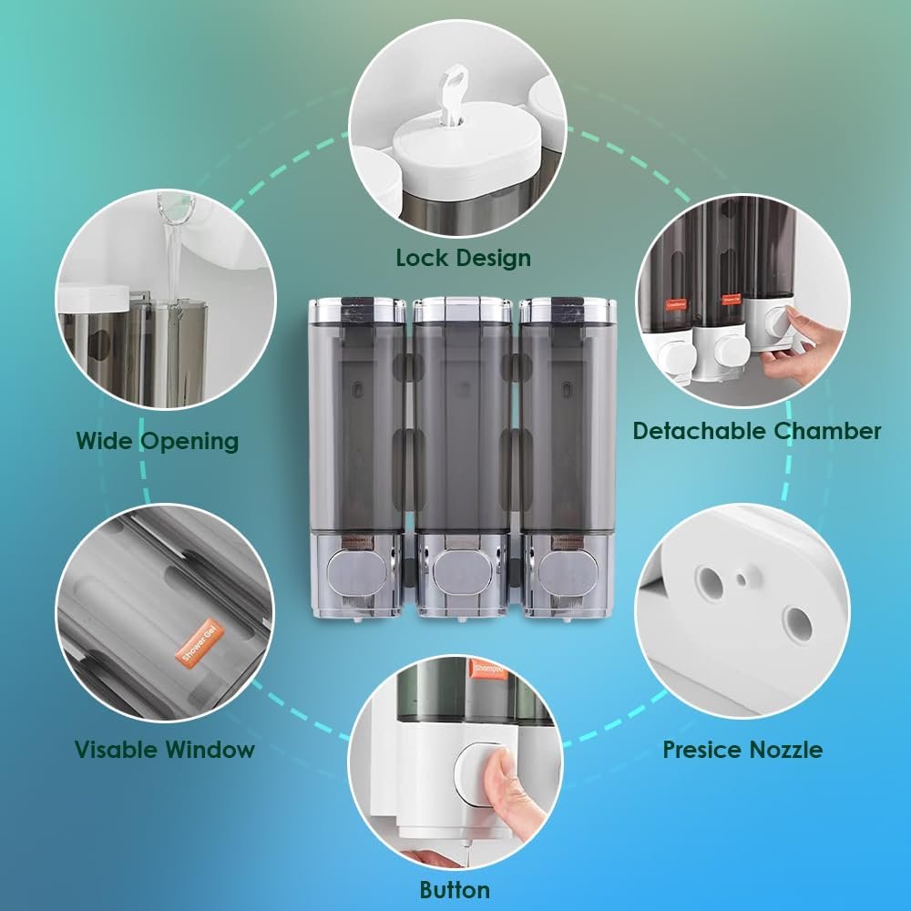 3 Chamber Shampoo & Conditioner Dispenser – Wall Mounted - Image 6