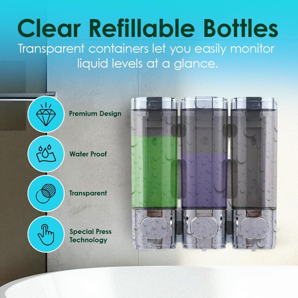 3 Chamber Shampoo & Conditioner Dispenser – Wall Mounted - Image 4